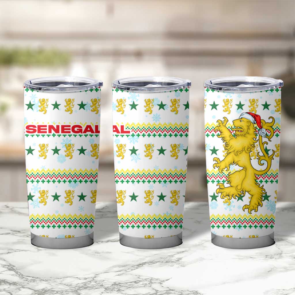 Senegal Christmas Tumbler Cup with White-Green-Yellow Design, Golden Lion, and Festive Stars Motif - Wonder Print Shop