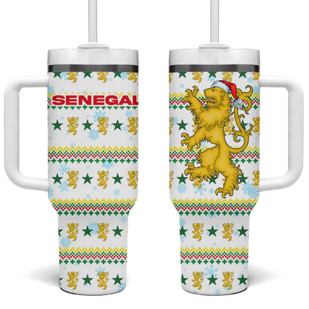 Senegal Christmas Tumbler With Handle with White-Green-Yellow Design, Golden Lion, and Festive Stars Motif - Wonder Print Shop