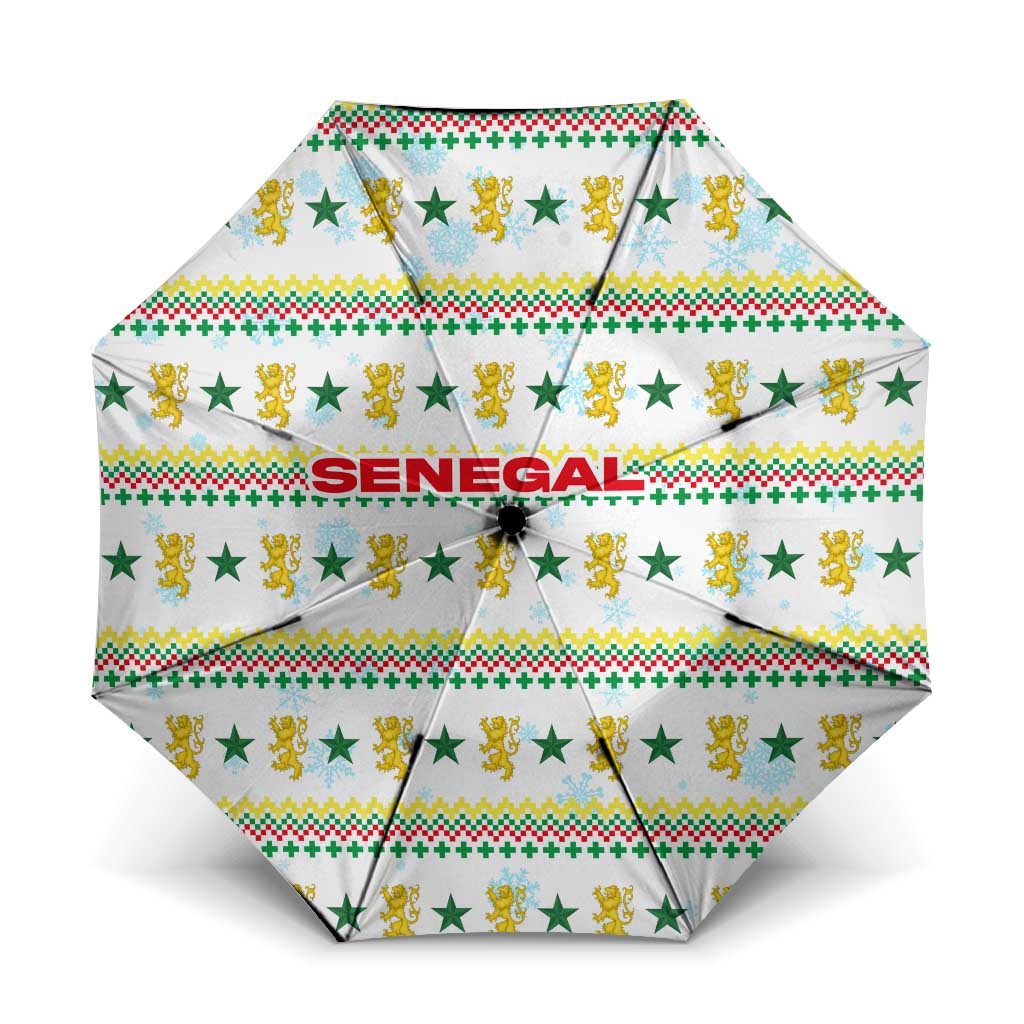 Senegal Christmas Umbrella with White-Green-Yellow Design, Golden Lion, and Festive Stars Motif - Wonder Print Shop