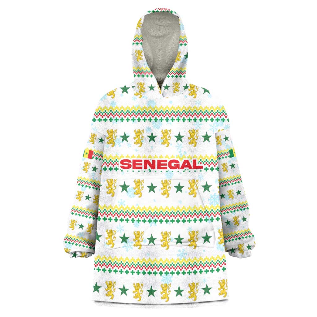 Senegal Christmas Wearable Blanket Hoodie with White-Green-Yellow Design, Golden Lion, and Festive Stars Motif - Wonder Print Shop