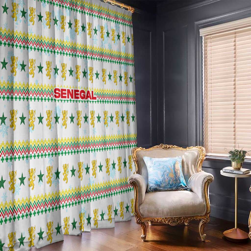 Senegal Christmas Window Curtain with White-Green-Yellow Design, Golden Lion, and Festive Stars Motif - Wonder Print Shop