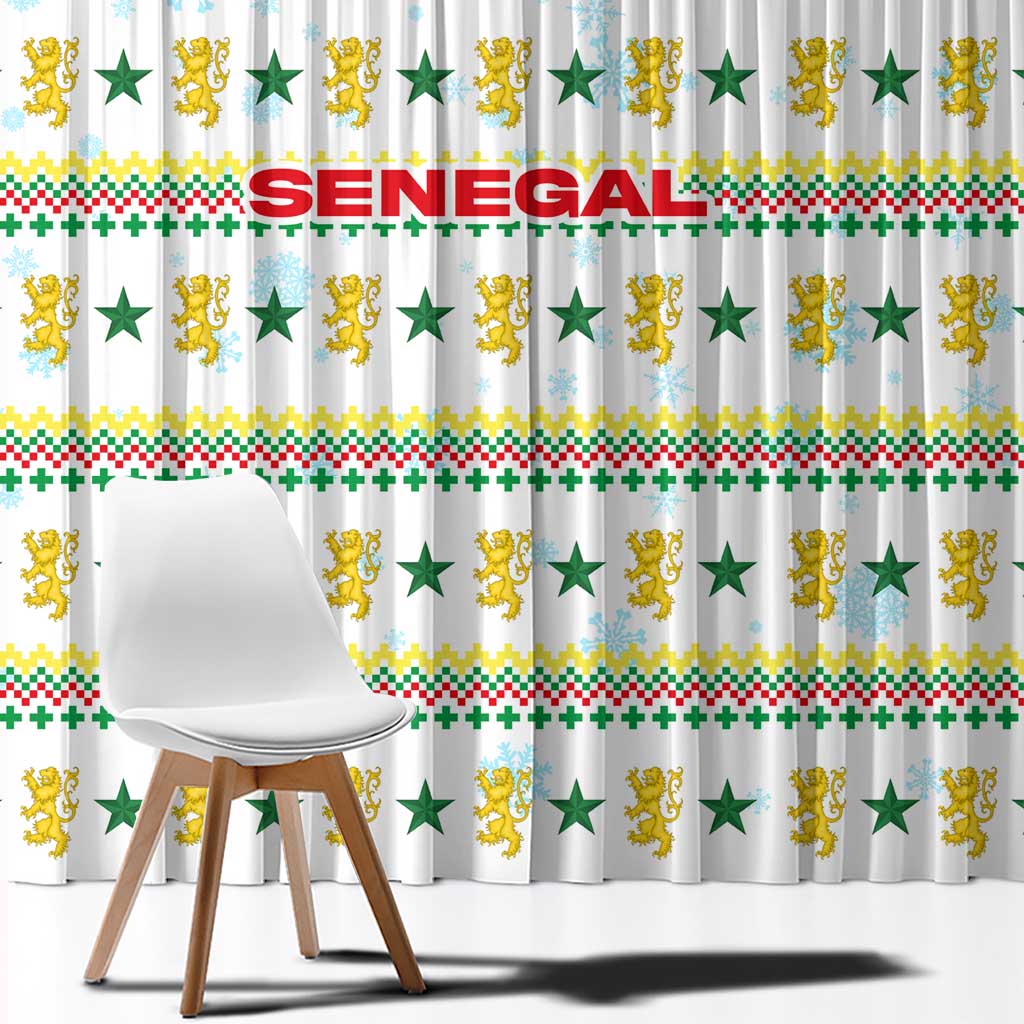 Senegal Christmas Window Curtain with White-Green-Yellow Design, Golden Lion, and Festive Stars Motif - Wonder Print Shop