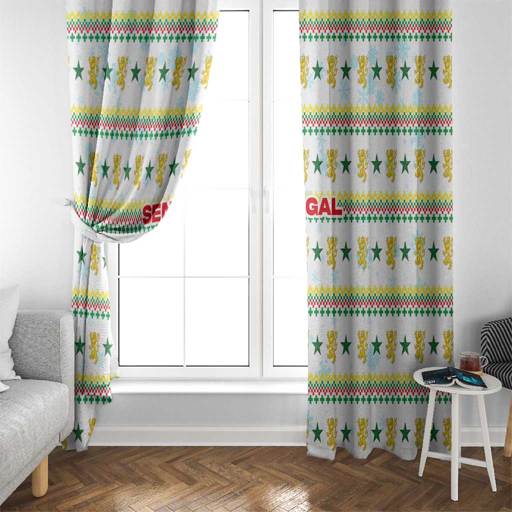 Senegal Christmas Window Curtain with White-Green-Yellow Design, Golden Lion, and Festive Stars Motif - Wonder Print Shop