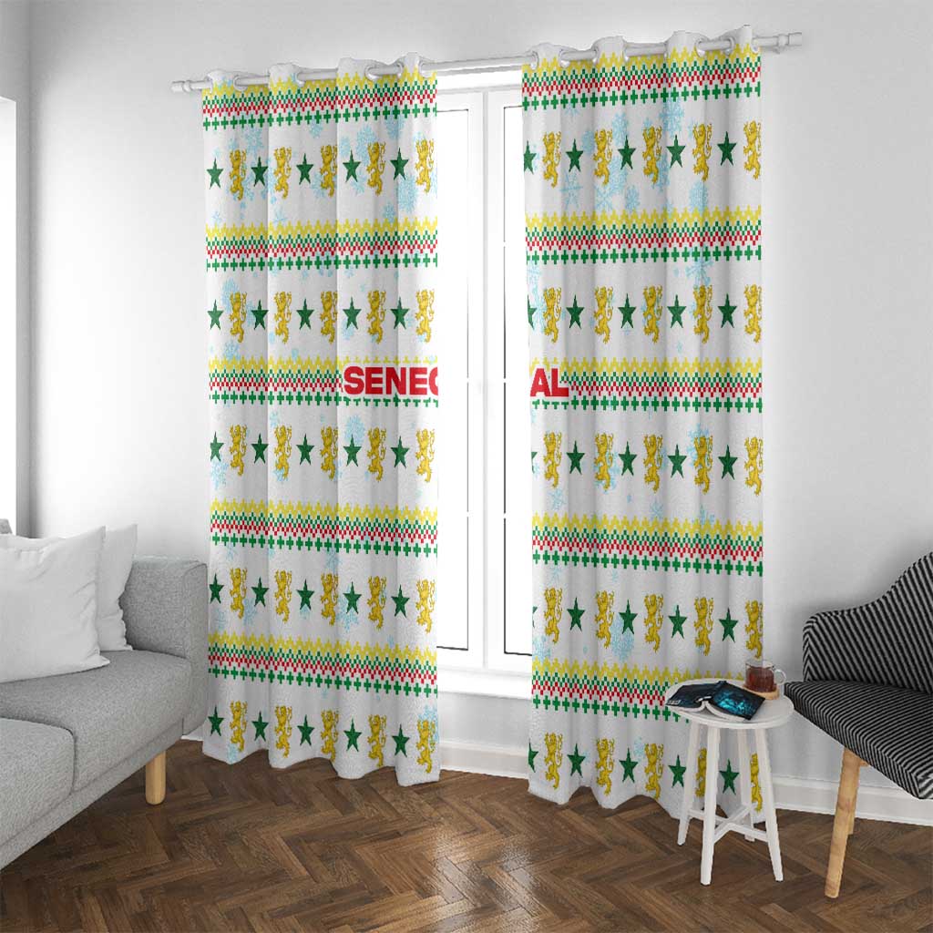 Senegal Christmas Window Curtain with White-Green-Yellow Design, Golden Lion, and Festive Stars Motif - Wonder Print Shop