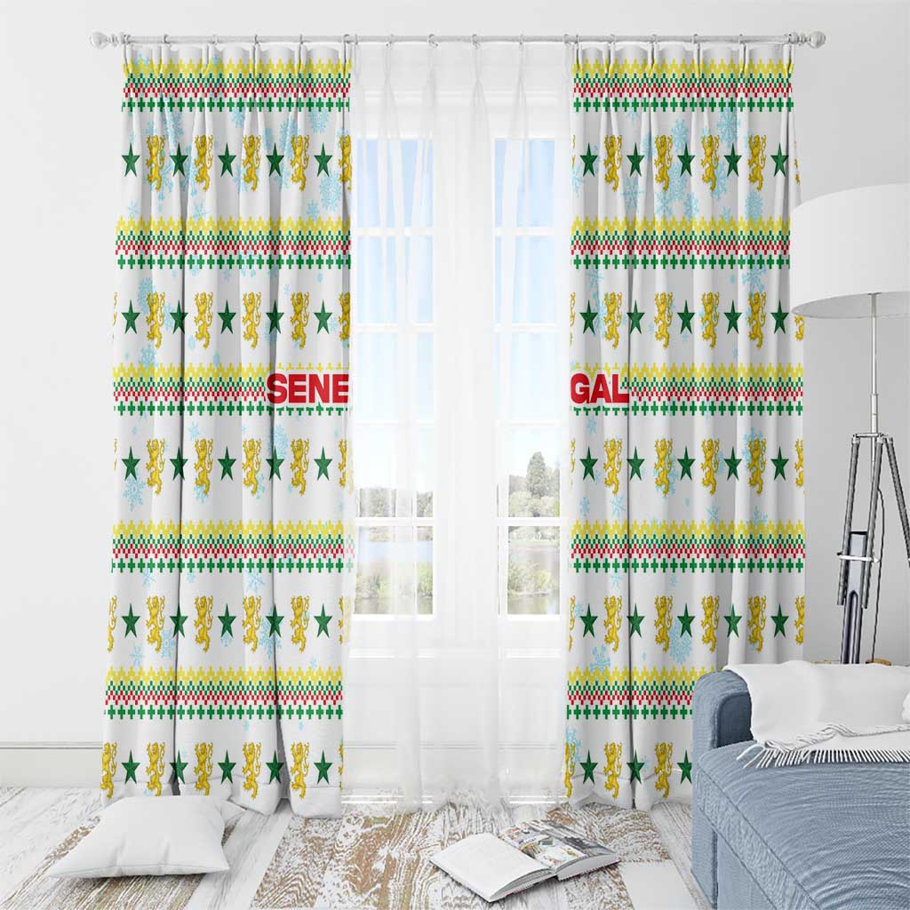 Senegal Christmas Window Curtain with White-Green-Yellow Design, Golden Lion, and Festive Stars Motif - Wonder Print Shop