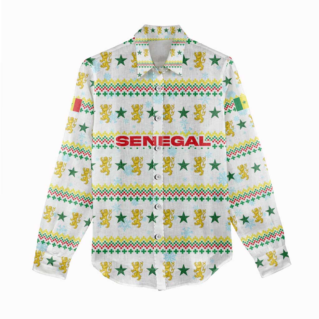 Senegal Christmas Women Casual Shirt with White-Green-Yellow Design, Golden Lion, and Festive Stars Motif - Wonder Print Shop