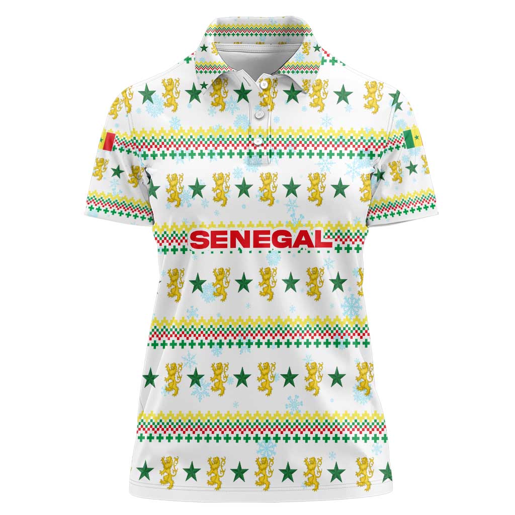 Senegal Christmas Women Polo Shirt with White-Green-Yellow Design, Golden Lion, and Festive Stars Motif - Wonder Print Shop