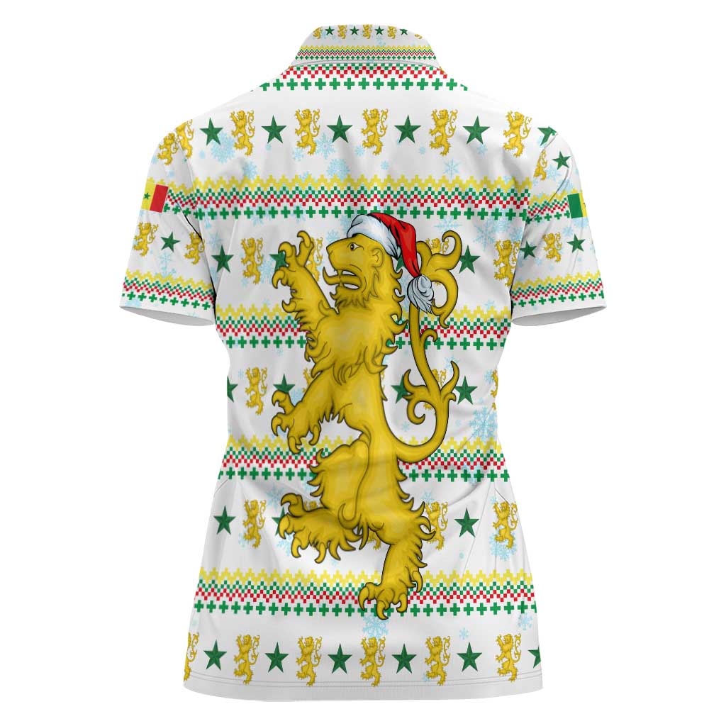 Senegal Christmas Women Polo Shirt with White-Green-Yellow Design, Golden Lion, and Festive Stars Motif - Wonder Print Shop