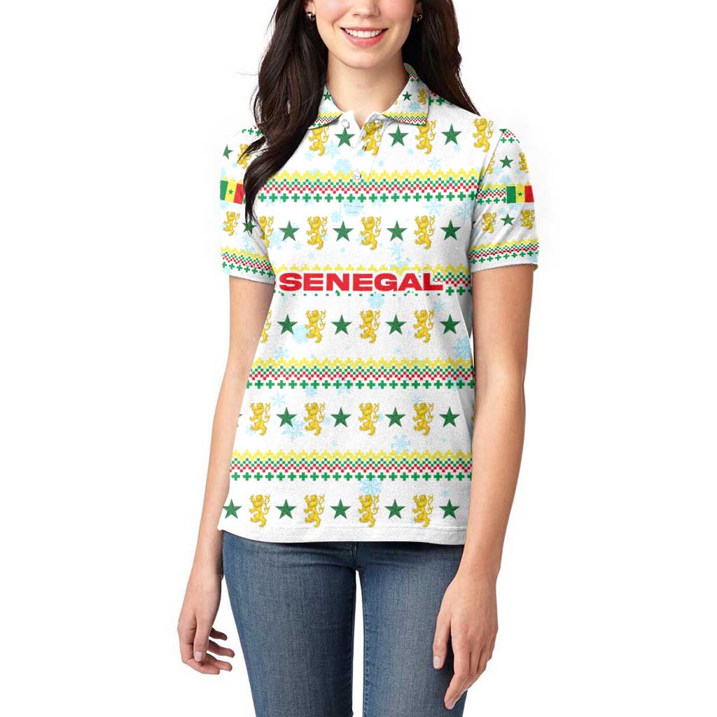 Senegal Christmas Women Polo Shirt with White-Green-Yellow Design, Golden Lion, and Festive Stars Motif - Wonder Print Shop