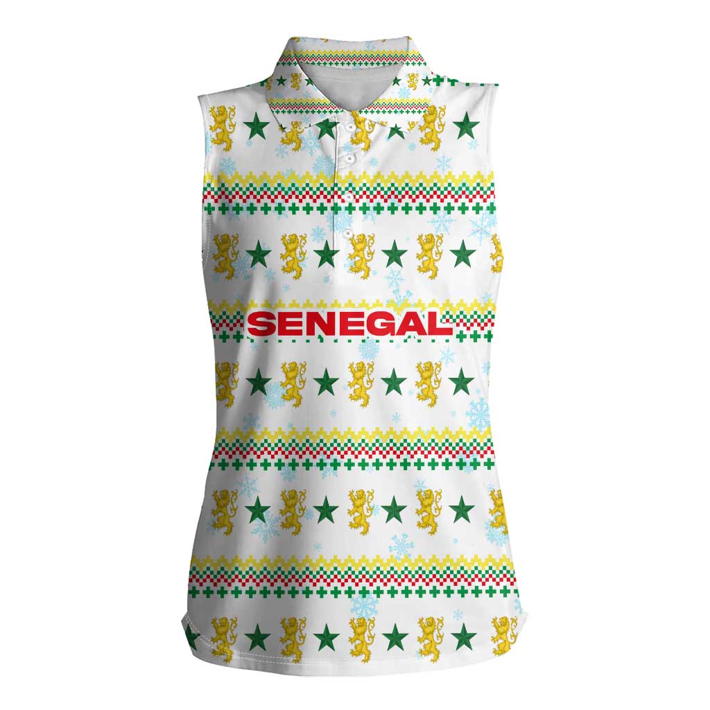 Senegal Christmas Women Sleeveless Polo Shirt with White-Green-Yellow Design, Golden Lion, and Festive Stars Motif - Wonder Print Shop