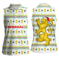 Senegal Christmas Women Sleeveless Polo Shirt with White-Green-Yellow Design, Golden Lion, and Festive Stars Motif - Wonder Print Shop