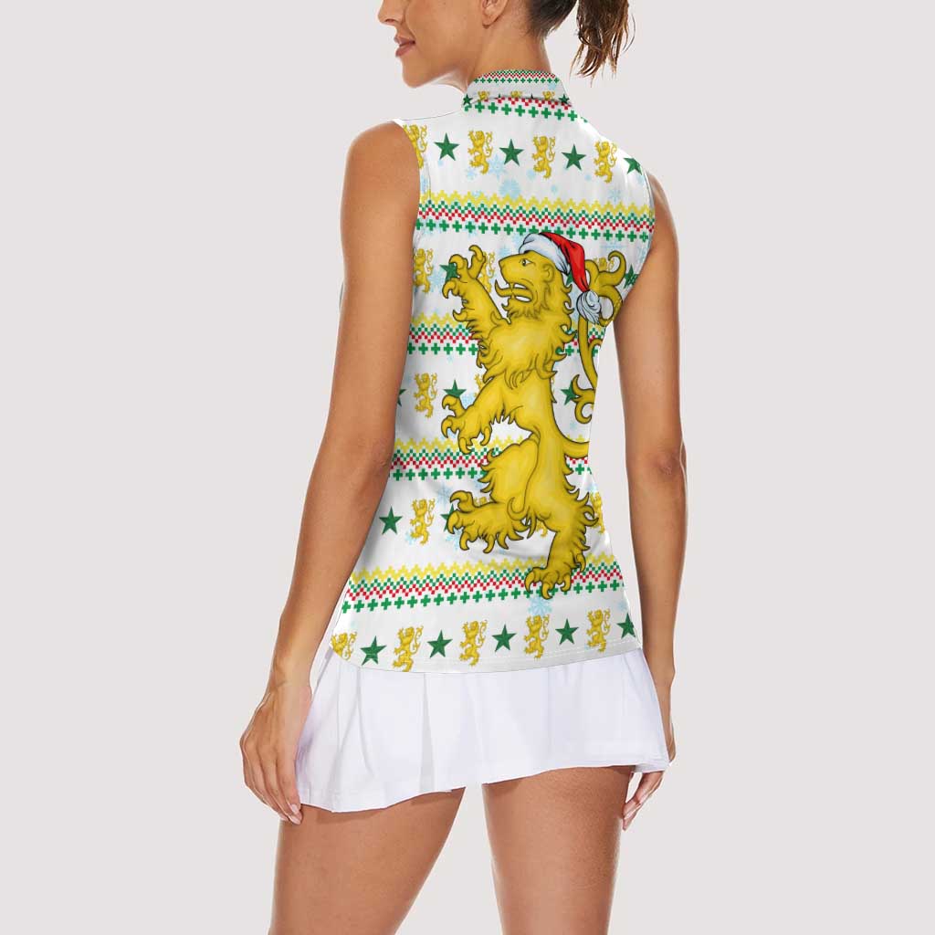 Senegal Christmas Women Sleeveless Polo Shirt with White-Green-Yellow Design, Golden Lion, and Festive Stars Motif - Wonder Print Shop