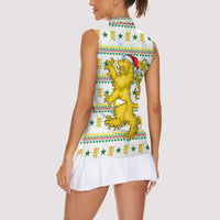Senegal Christmas Women Sleeveless Polo Shirt with White-Green-Yellow Design, Golden Lion, and Festive Stars Motif - Wonder Print Shop