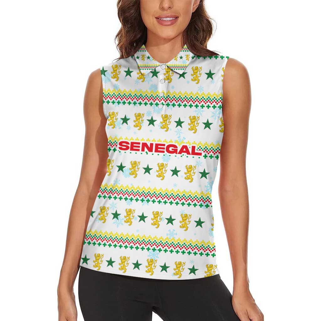 Senegal Christmas Women Sleeveless Polo Shirt with White-Green-Yellow Design, Golden Lion, and Festive Stars Motif - Wonder Print Shop