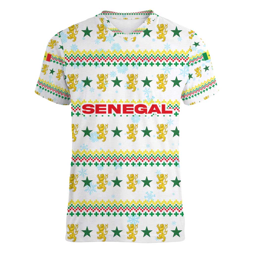 Senegal Christmas Women V-Neck T-Shirt with White-Green-Yellow Design, Golden Lion, and Festive Stars Motif - Wonder Print Shop