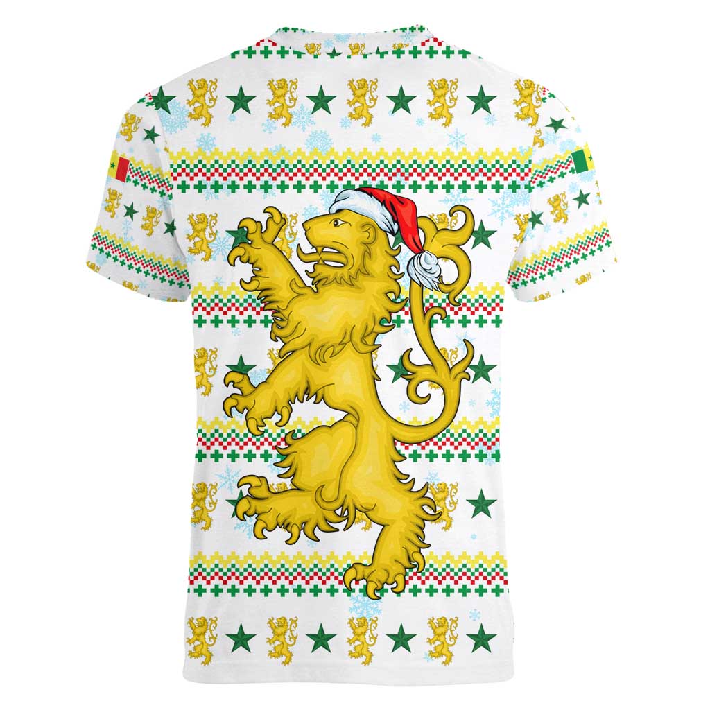 Senegal Christmas Women V-Neck T-Shirt with White-Green-Yellow Design, Golden Lion, and Festive Stars Motif - Wonder Print Shop