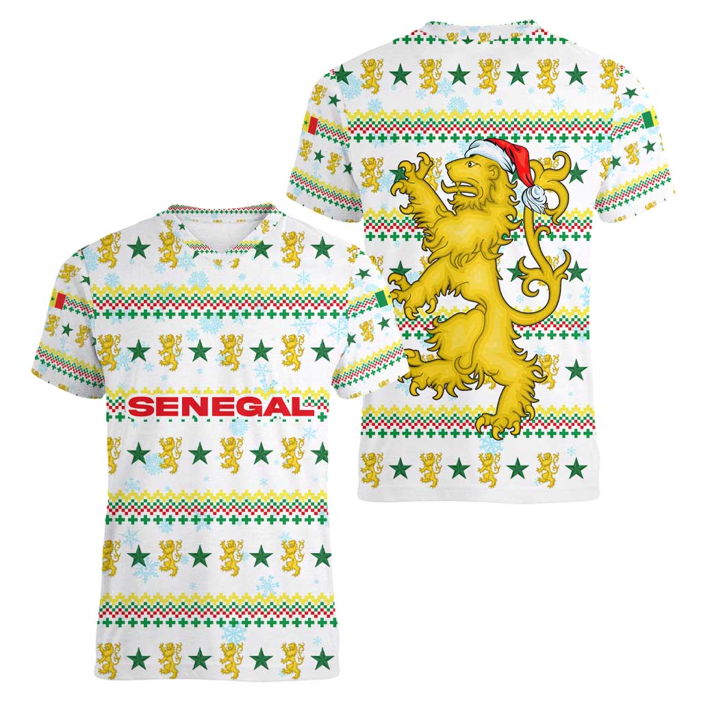 Senegal Christmas Women V-Neck T-Shirt with White-Green-Yellow Design, Golden Lion, and Festive Stars Motif - Wonder Print Shop