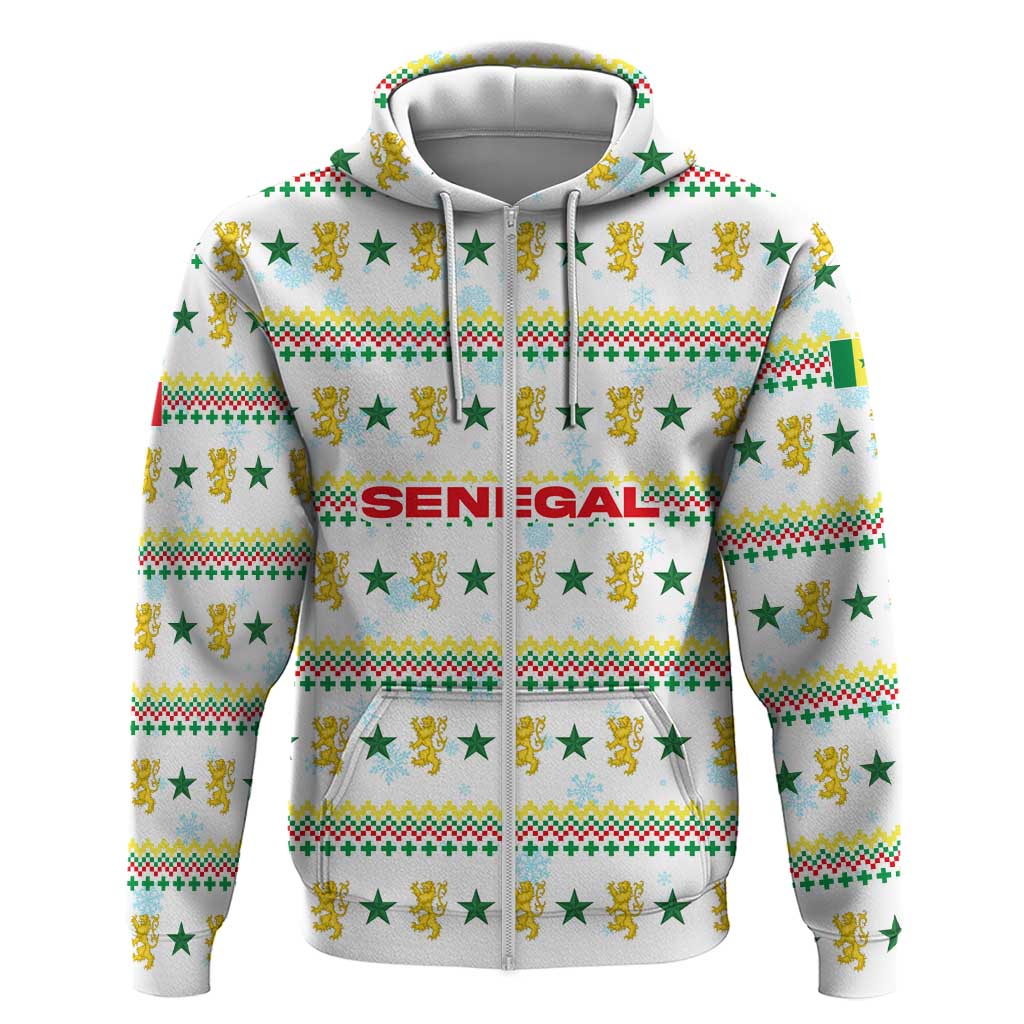 Senegal Christmas Zip Hoodie with White-Green-Yellow Design, Golden Lion, and Festive Stars Motif - Wonder Print Shop