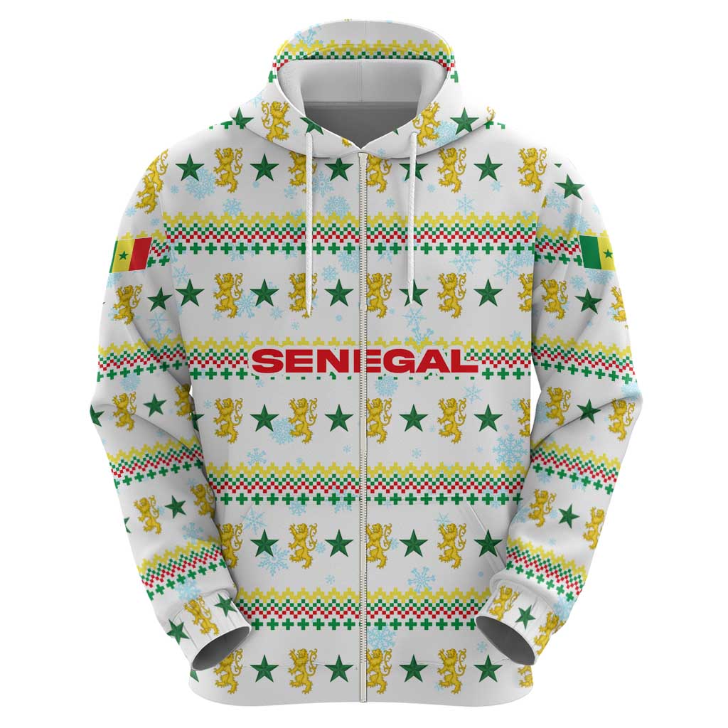 Senegal Christmas Zip Hoodie with White-Green-Yellow Design, Golden Lion, and Festive Stars Motif - Wonder Print Shop