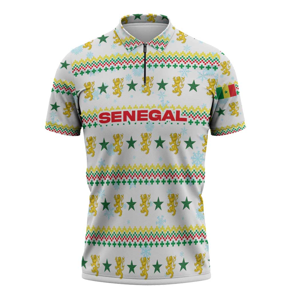 Senegal Christmas Zipper Polo Shirt with White-Green-Yellow Design, Golden Lion, and Festive Stars Motif - Wonder Print Shop