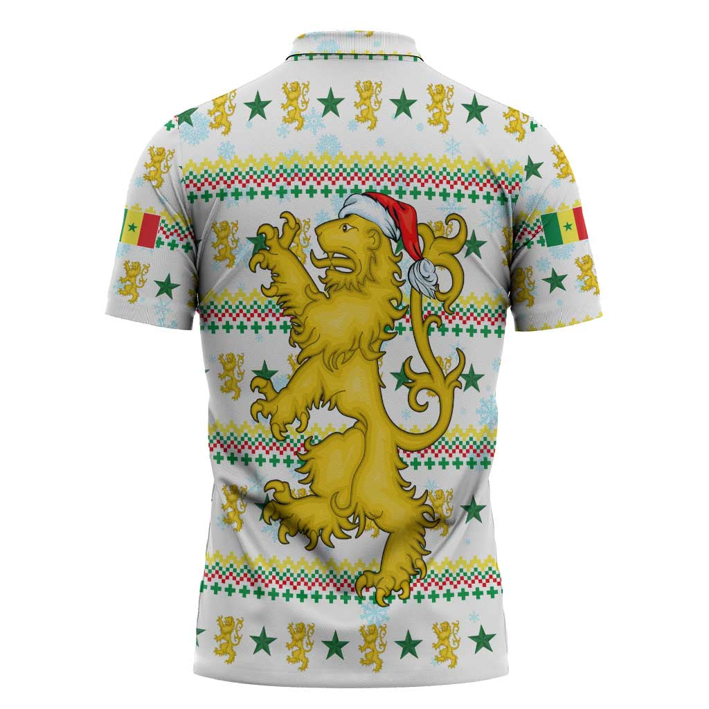 Senegal Christmas Zipper Polo Shirt with White-Green-Yellow Design, Golden Lion, and Festive Stars Motif - Wonder Print Shop