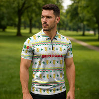 Senegal Christmas Zipper Polo Shirt with White-Green-Yellow Design, Golden Lion, and Festive Stars Motif - Wonder Print Shop
