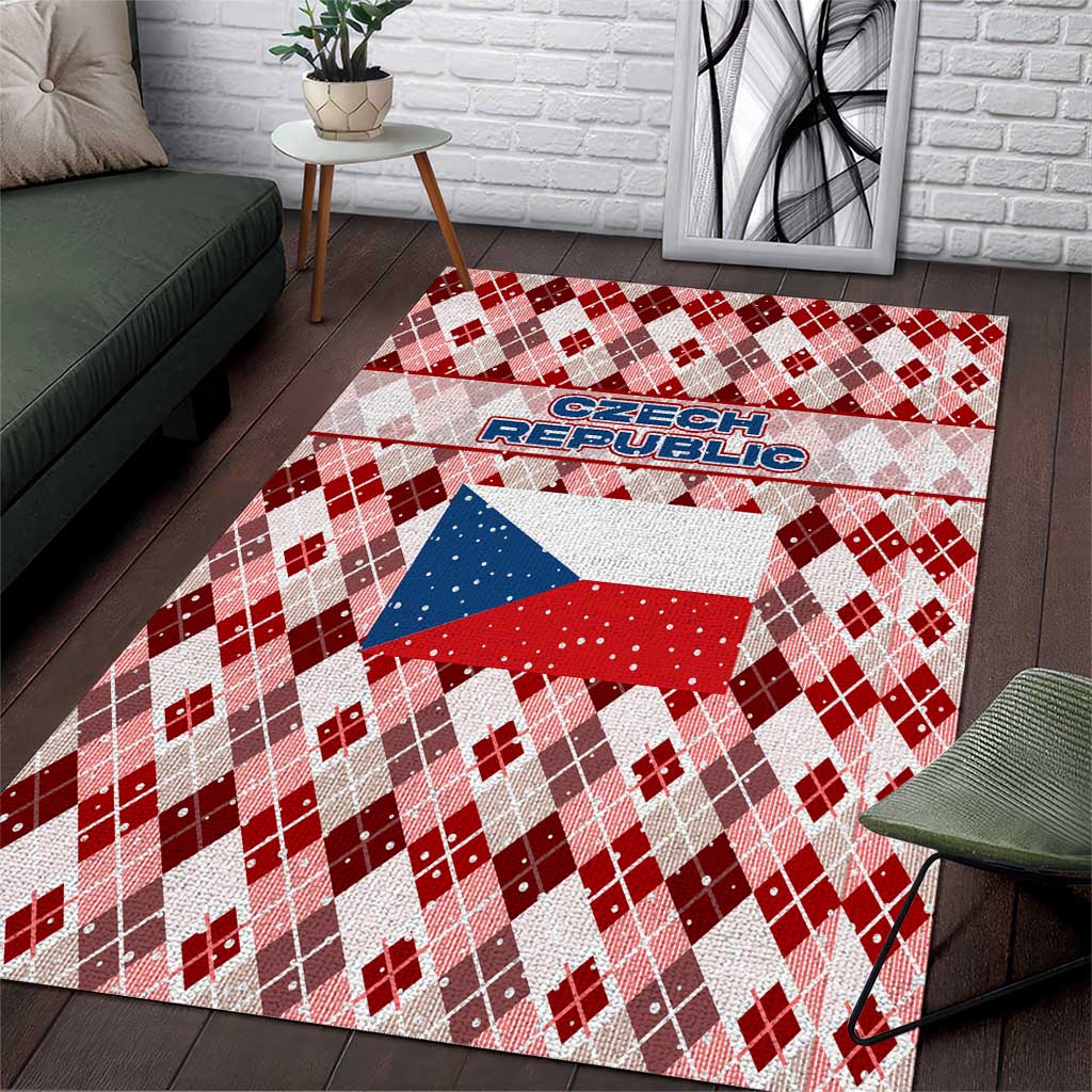 Czech Republic Christmas Area Rug with Red-White Checkered Design, Double-Tailed Lion, and Festive Motif - Wonder Print Shop