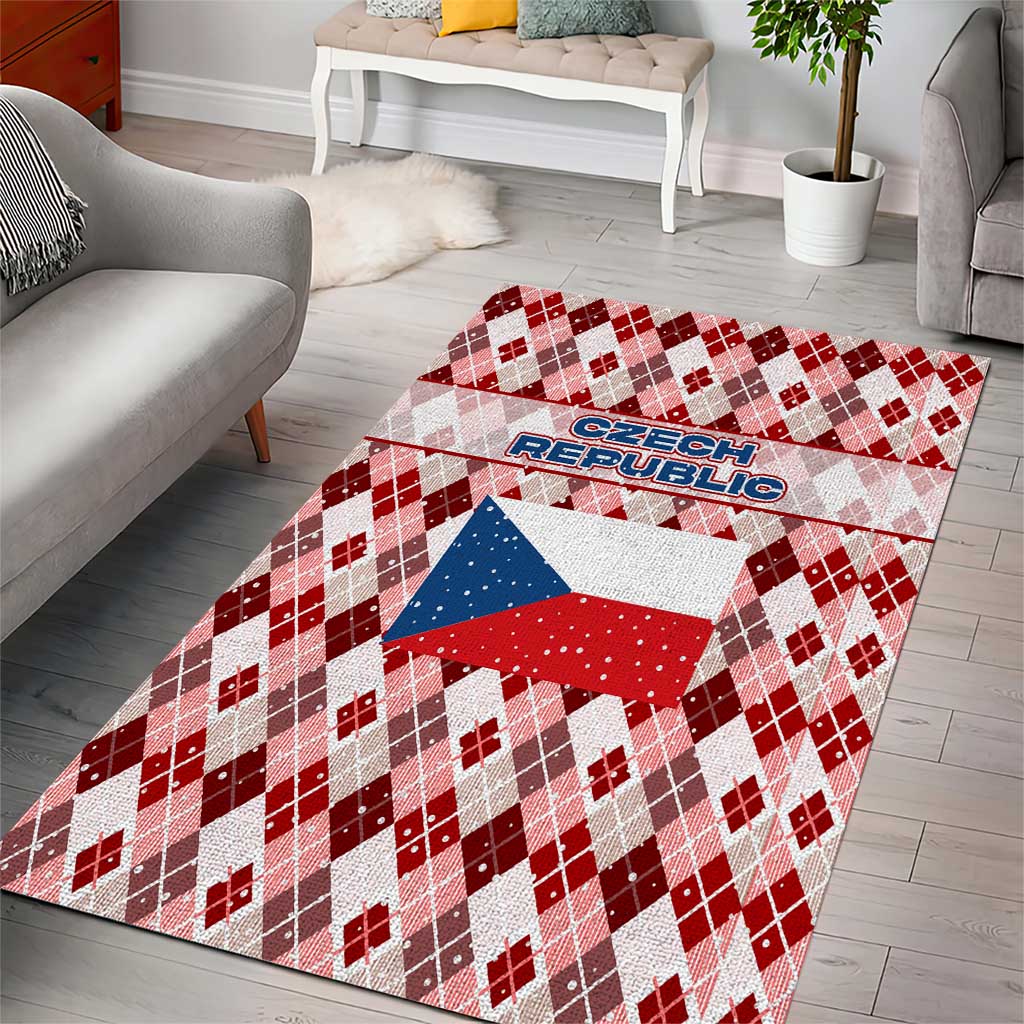 Czech Republic Christmas Area Rug with Red-White Checkered Design, Double-Tailed Lion, and Festive Motif - Wonder Print Shop