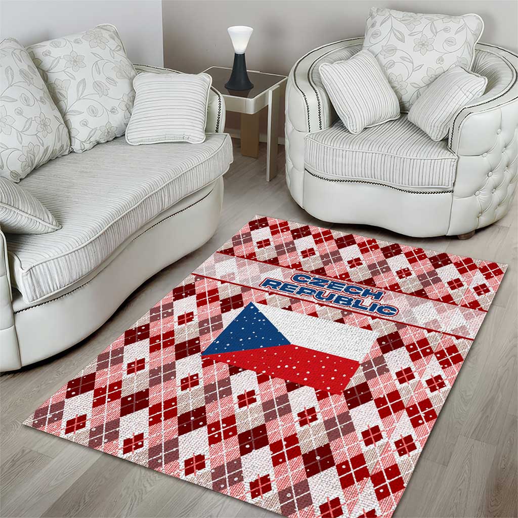 Czech Republic Christmas Area Rug with Red-White Checkered Design, Double-Tailed Lion, and Festive Motif - Wonder Print Shop