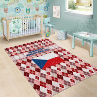 Czech Republic Christmas Area Rug with Red-White Checkered Design, Double-Tailed Lion, and Festive Motif - Wonder Print Shop