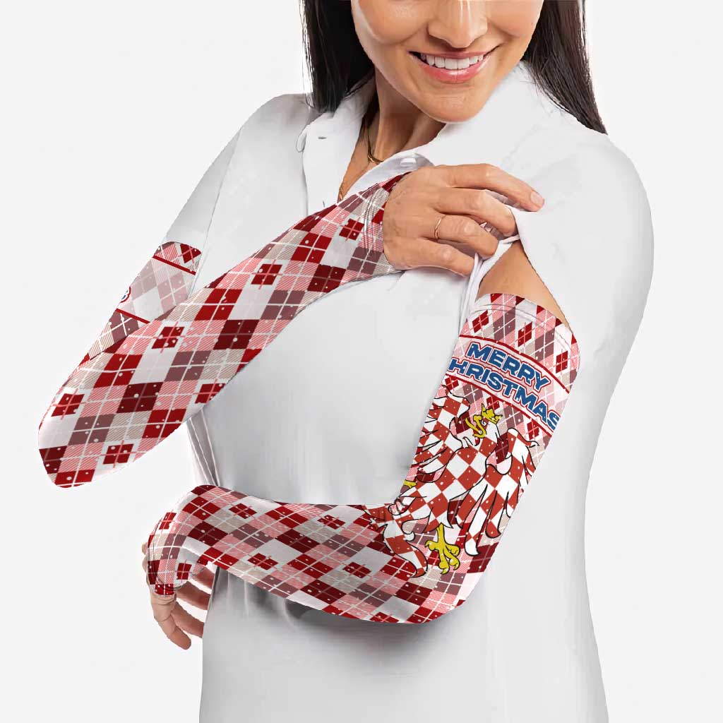 Czech Republic Christmas Arm Sleeves with Red-White Checkered Design, Double-Tailed Lion, and Festive Motif - Wonder Print Shop