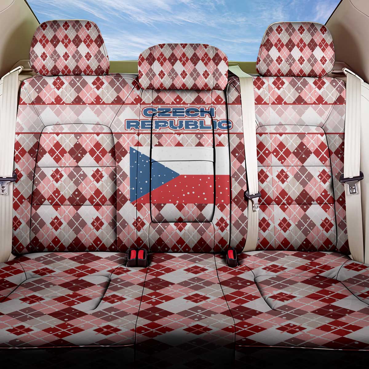 Czech Republic Christmas Back Car Seat Cover with Red-White Checkered Design, Double-Tailed Lion, and Festive Motif - Wonder Print Shop