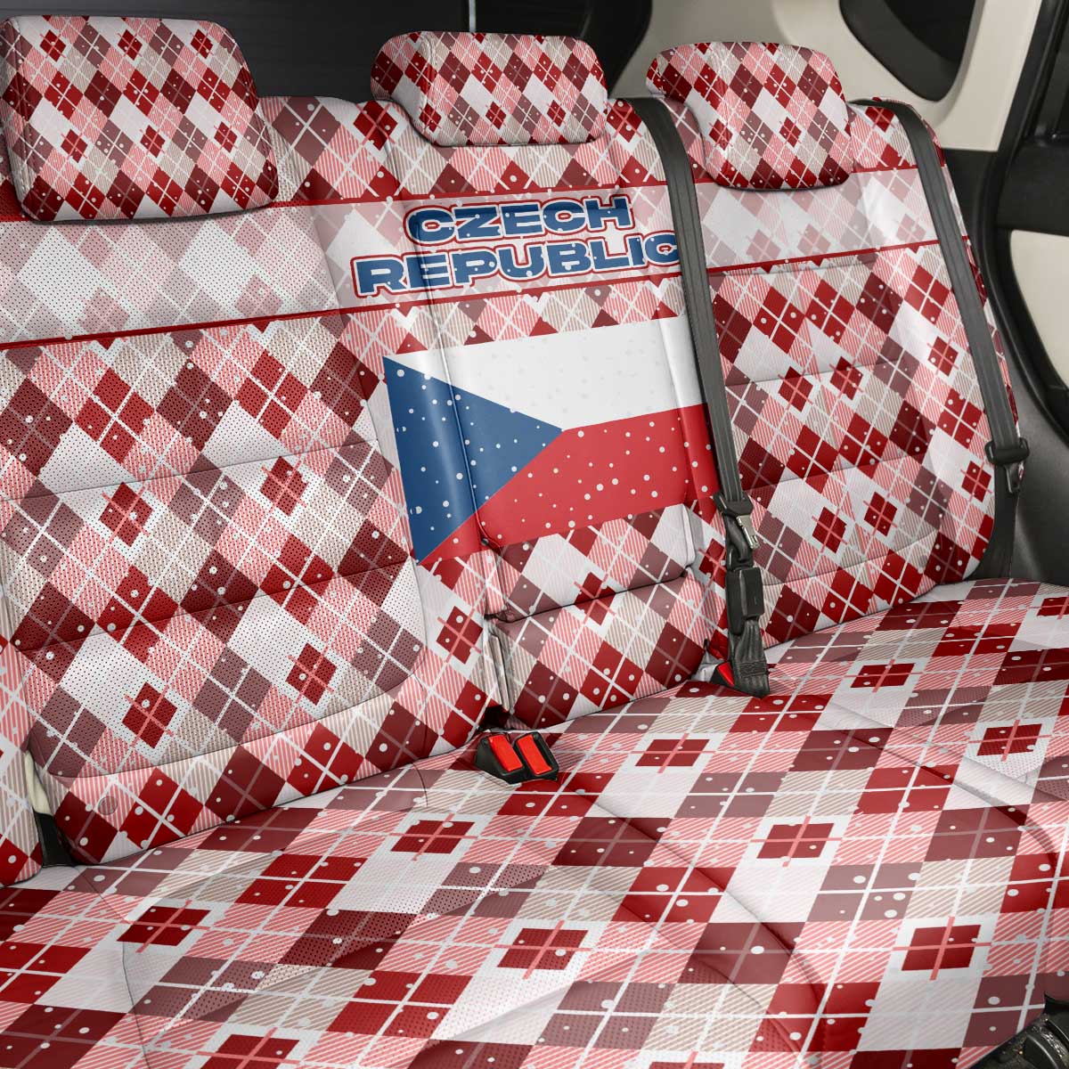 Czech Republic Christmas Back Car Seat Cover with Red-White Checkered Design, Double-Tailed Lion, and Festive Motif - Wonder Print Shop