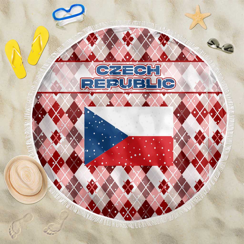 Czech Republic Christmas Beach Blanket with Red-White Checkered Design, Double-Tailed Lion, and Festive Motif - Wonder Print Shop