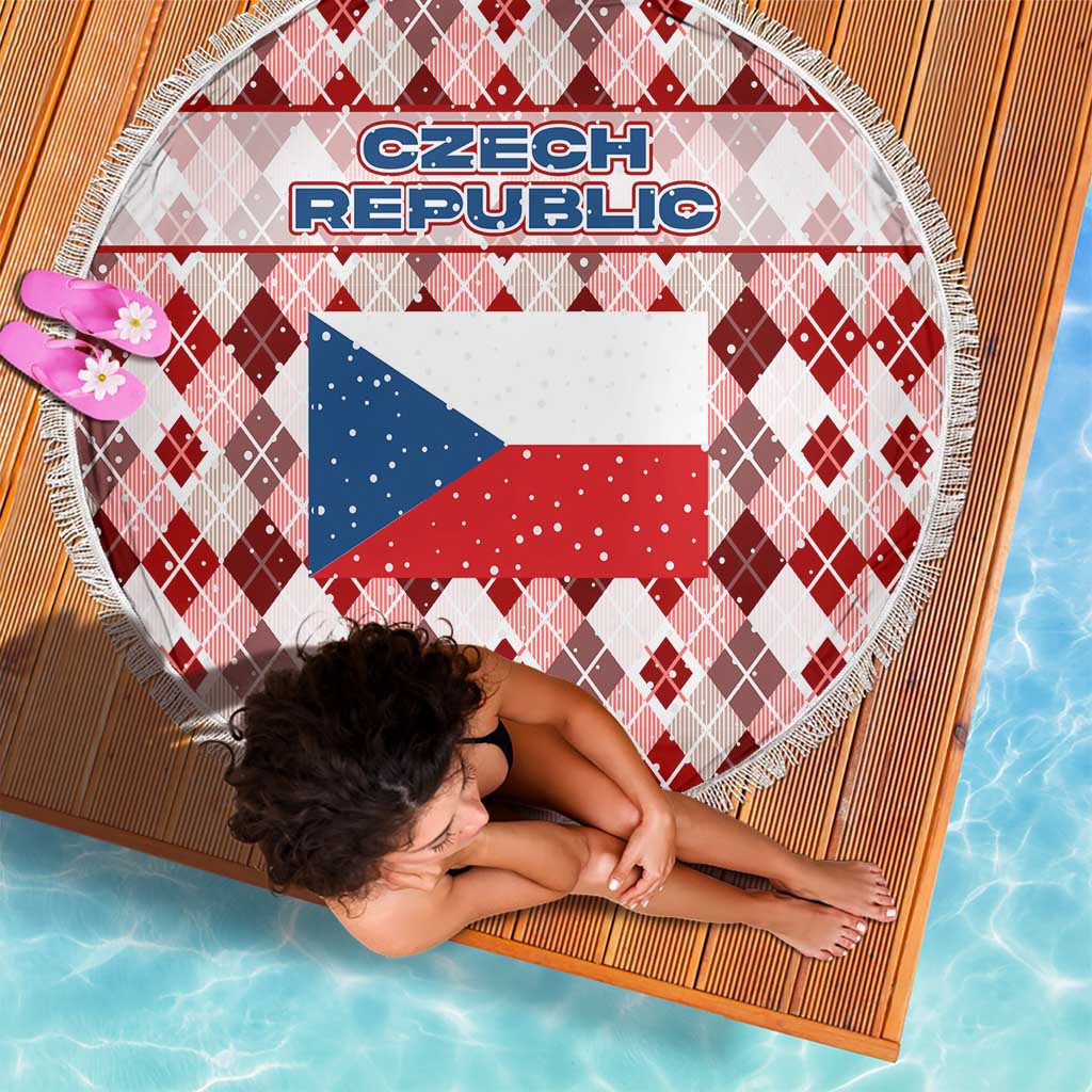 Czech Republic Christmas Beach Blanket with Red-White Checkered Design, Double-Tailed Lion, and Festive Motif - Wonder Print Shop