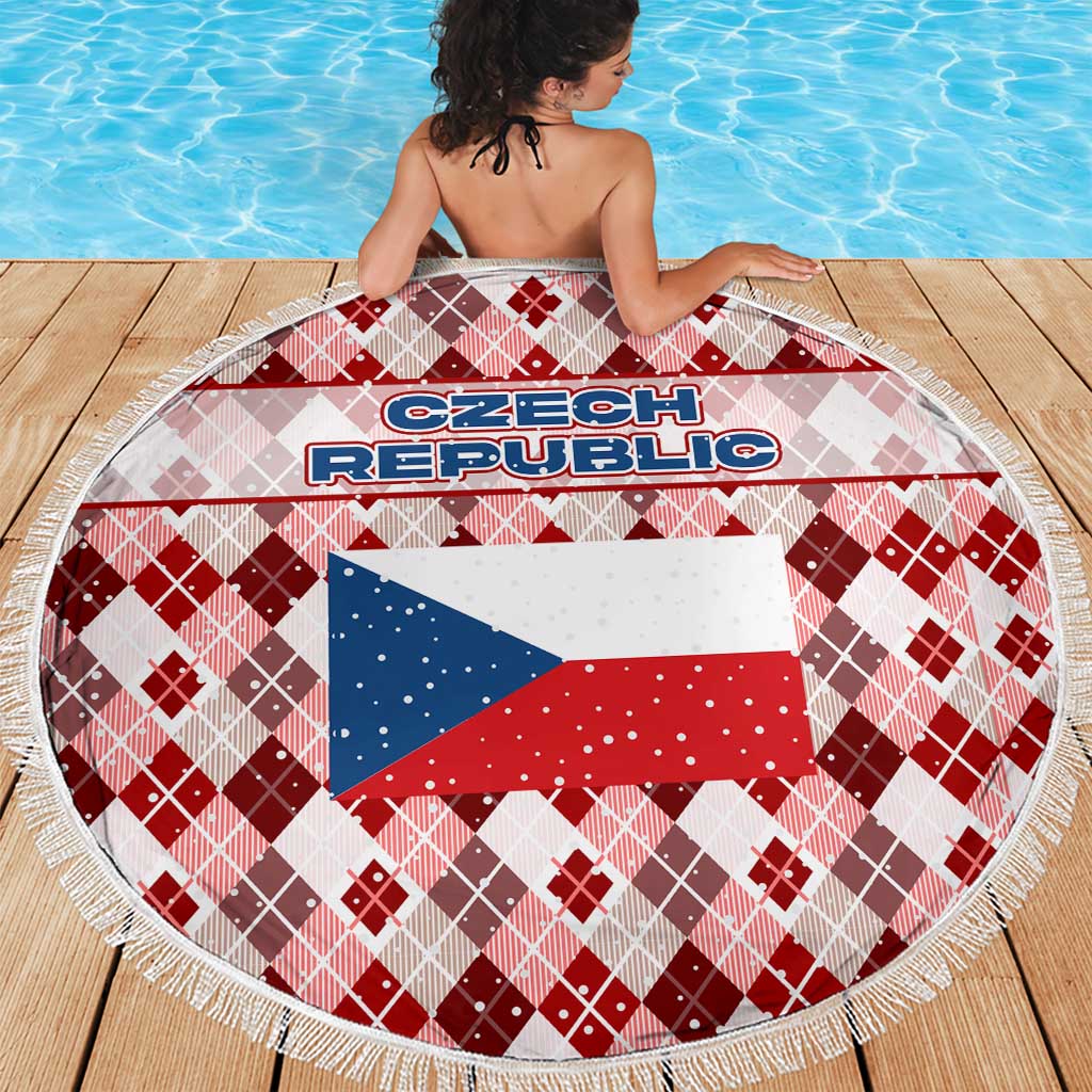Czech Republic Christmas Beach Blanket with Red-White Checkered Design, Double-Tailed Lion, and Festive Motif - Wonder Print Shop