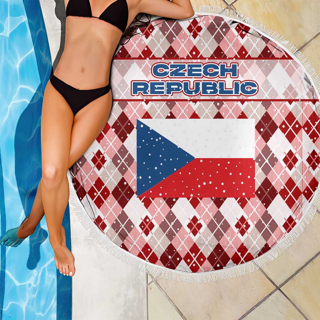 Czech Republic Christmas Beach Blanket with Red-White Checkered Design, Double-Tailed Lion, and Festive Motif - Wonder Print Shop
