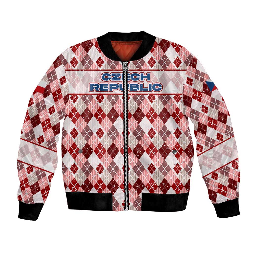 Czech Republic Christmas Bomber Jacket with Red-White Checkered Design, Double-Tailed Lion, and Festive Motif - Wonder Print Shop