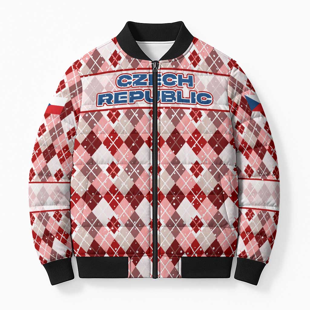 Czech Republic Christmas Bomber Puffer Jacket with Red-White Checkered Design, Double-Tailed Lion, and Festive Motif - Wonder Print Shop