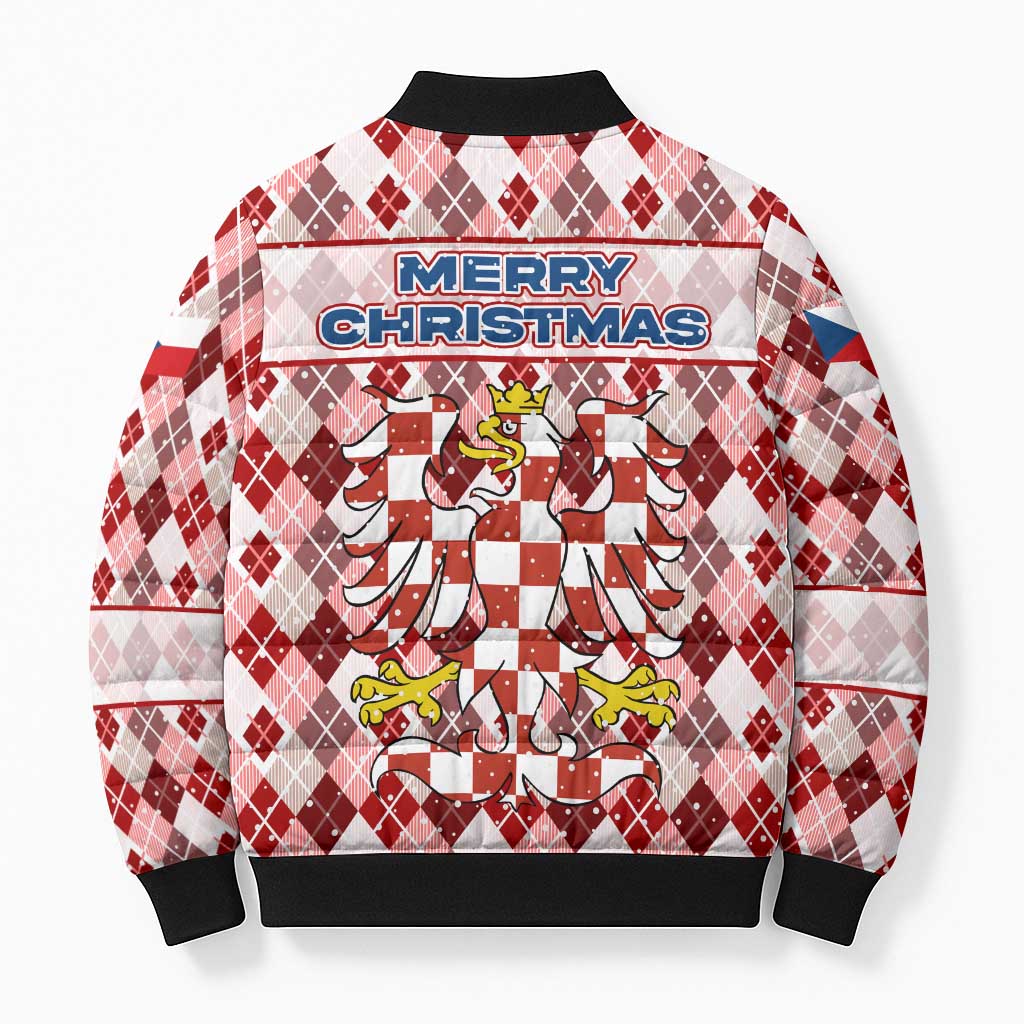 Czech Republic Christmas Bomber Puffer Jacket with Red-White Checkered Design, Double-Tailed Lion, and Festive Motif - Wonder Print Shop