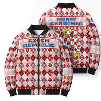 Czech Republic Christmas Bomber Puffer Jacket with Red-White Checkered Design, Double-Tailed Lion, and Festive Motif - Wonder Print Shop