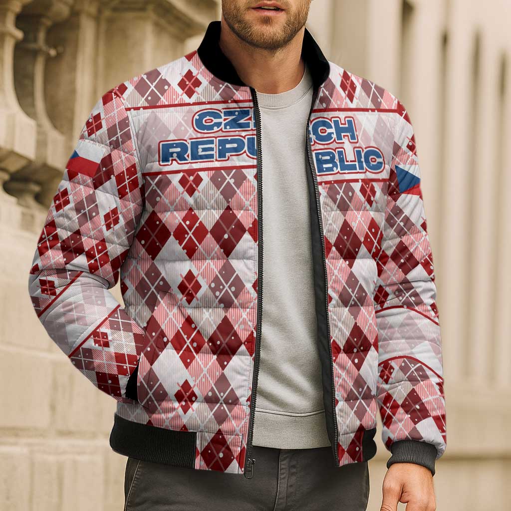 Czech Republic Christmas Bomber Puffer Jacket with Red-White Checkered Design, Double-Tailed Lion, and Festive Motif - Wonder Print Shop