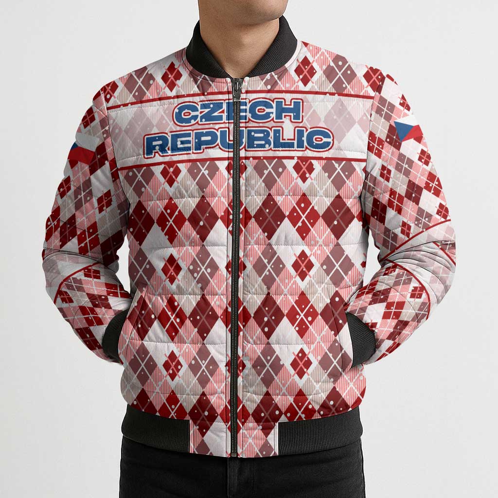 Czech Republic Christmas Bomber Puffer Jacket with Red-White Checkered Design, Double-Tailed Lion, and Festive Motif - Wonder Print Shop