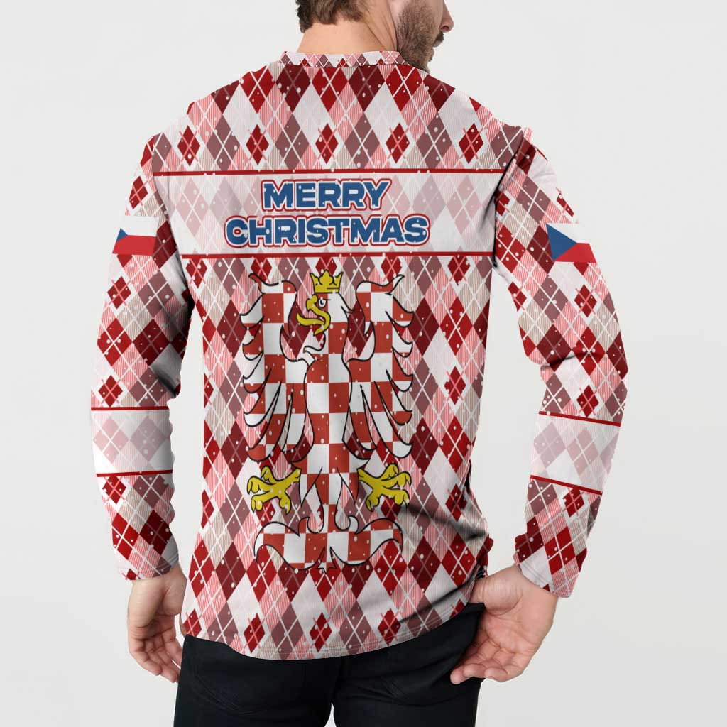 Czech Republic Christmas Button Sweatshirt with Red-White Checkered Design, Double-Tailed Lion, and Festive Motif - Wonder Print Shop