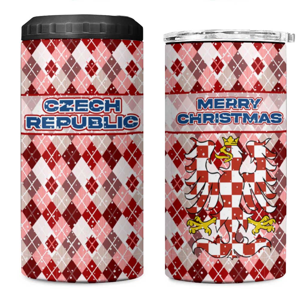 Czech Republic Christmas 4 in 1 Can Cooler Tumbler with Red-White Checkered Design, Double-Tailed Lion, and Festive Motif - Wonder Print Shop
