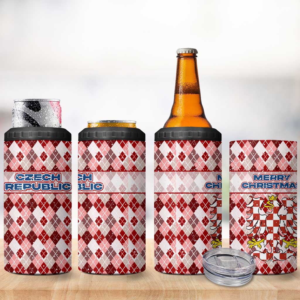 Czech Republic Christmas 4 in 1 Can Cooler Tumbler with Red-White Checkered Design, Double-Tailed Lion, and Festive Motif - Wonder Print Shop