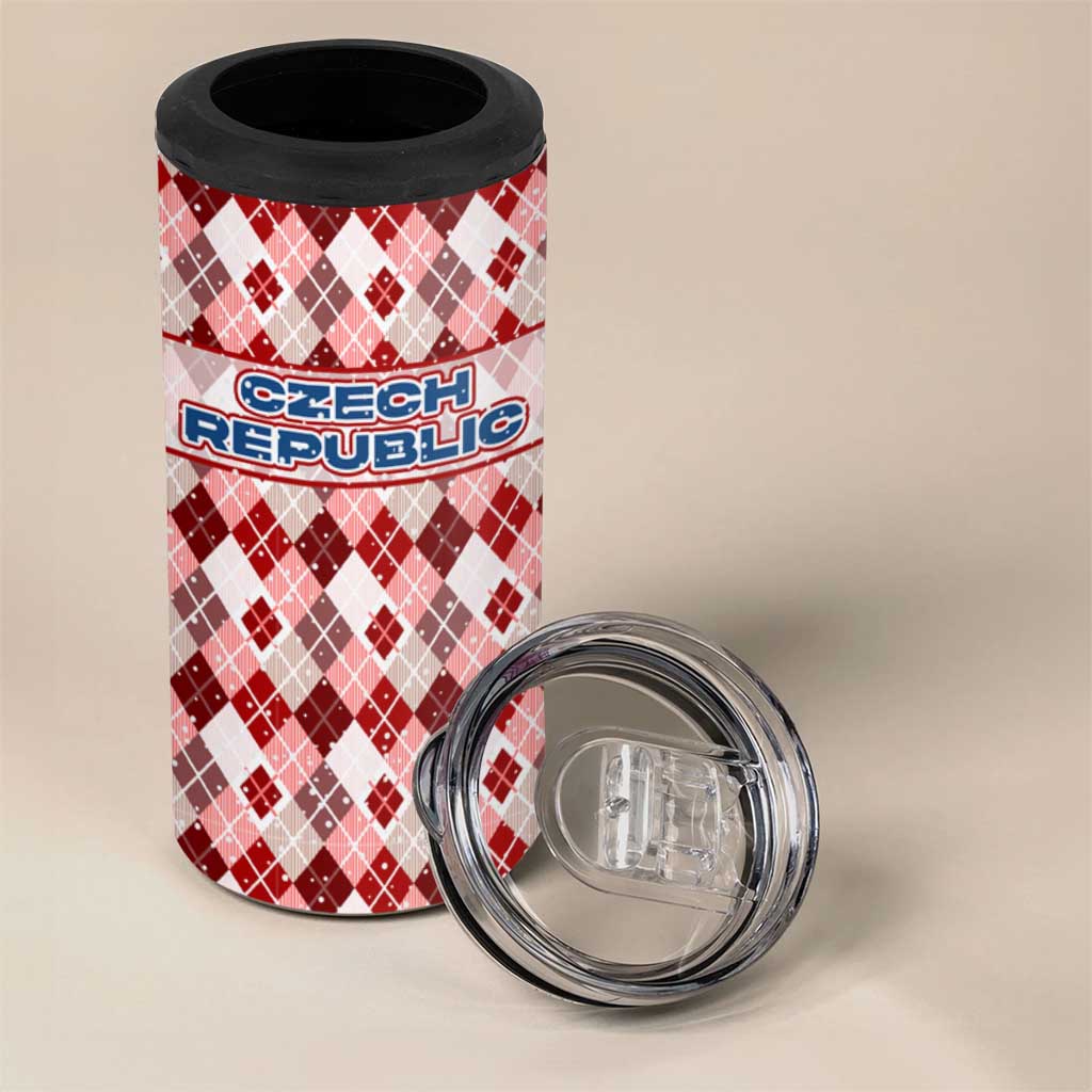 Czech Republic Christmas 4 in 1 Can Cooler Tumbler with Red-White Checkered Design, Double-Tailed Lion, and Festive Motif - Wonder Print Shop