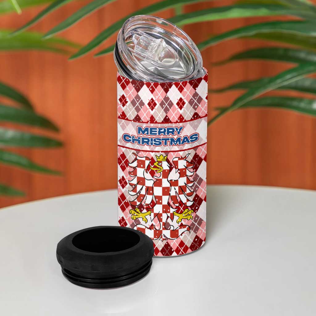 Czech Republic Christmas 4 in 1 Can Cooler Tumbler with Red-White Checkered Design, Double-Tailed Lion, and Festive Motif - Wonder Print Shop
