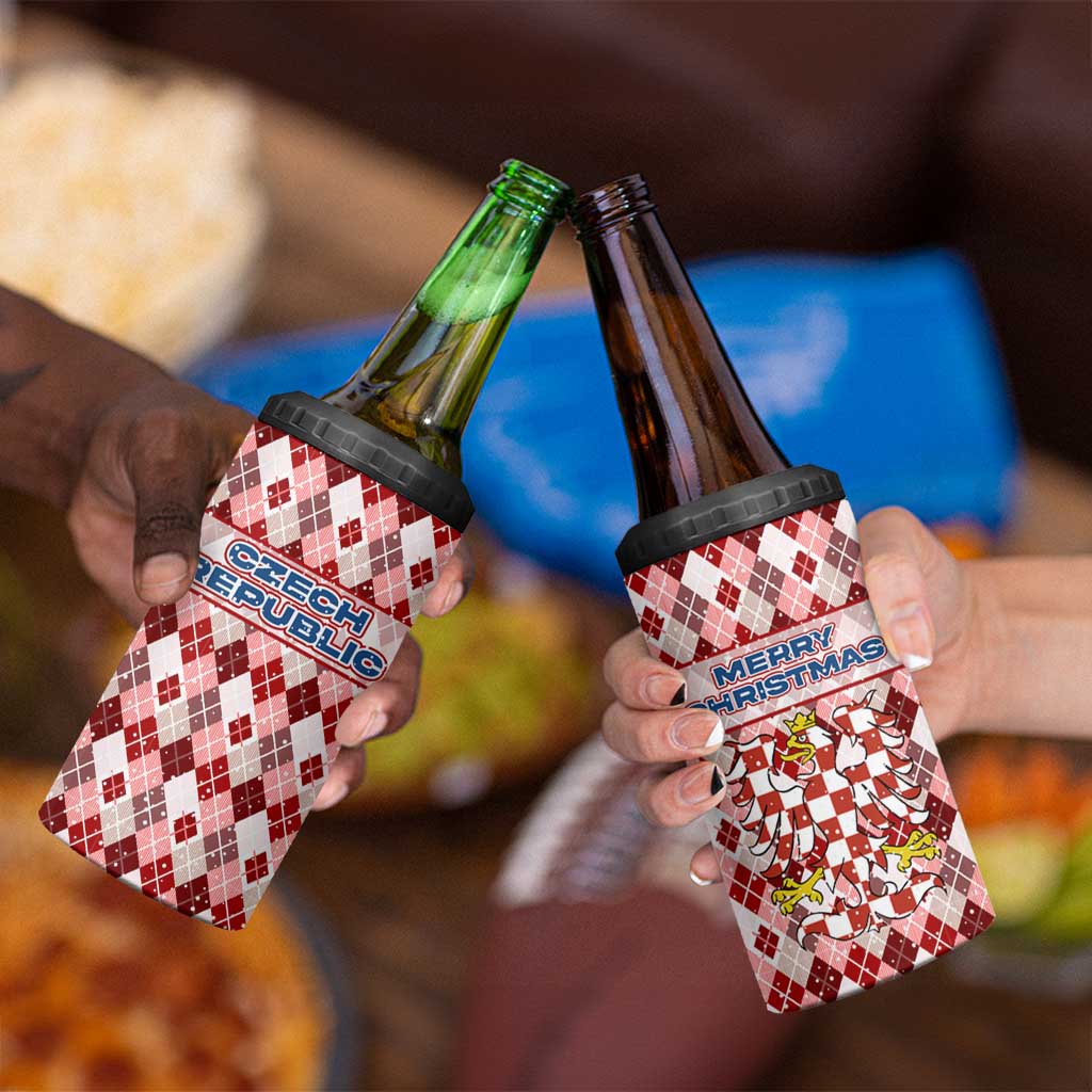 Czech Republic Christmas 4 in 1 Can Cooler Tumbler with Red-White Checkered Design, Double-Tailed Lion, and Festive Motif - Wonder Print Shop