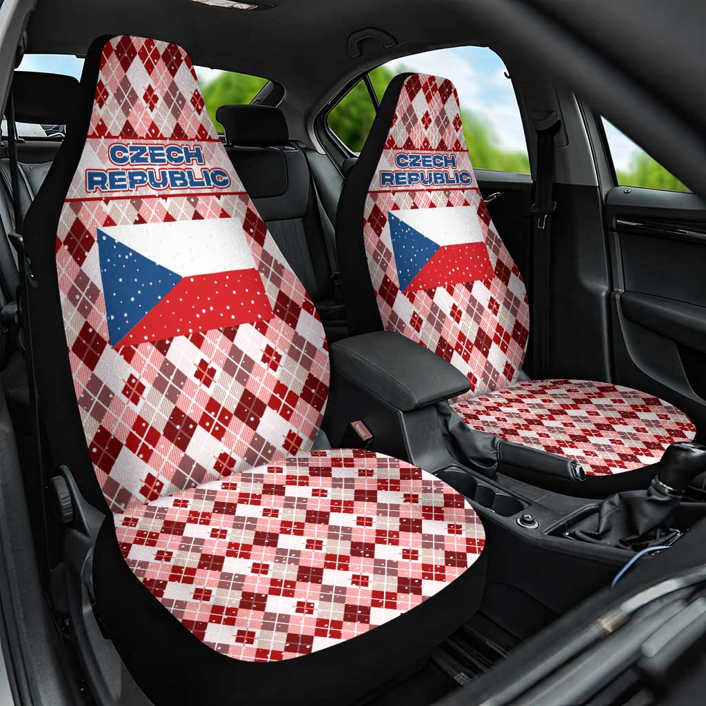 Czech Republic Christmas Car Seat Cover with Red-White Checkered Design, Double-Tailed Lion, and Festive Motif - Wonder Print Shop